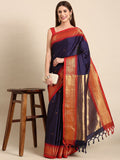 Navy Blue Red Soft Cotton Silk Nautical Ruby Muse Saree For Women