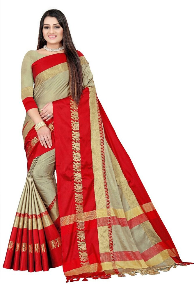 Tusar Red Soft Cotton Silk Crimson Elegance Saree For Women