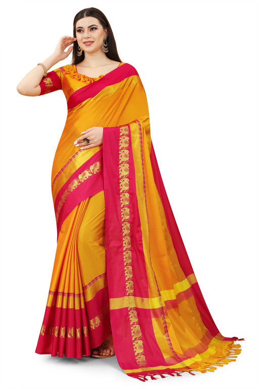 Gold Pink Soft Cotton Silk Blush Symphony Saree For Women