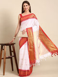 White & Red Soft Cotton Silk Ivory Ruby Radiance Saree For Women