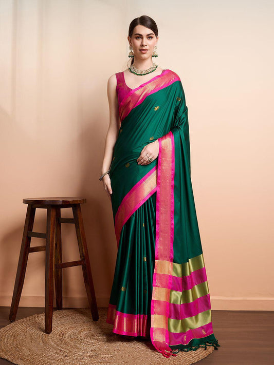 Green Pink Soft Cotton Silk Emerald Rose Touch Saree For Women