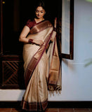 Cream & Brown Soft Cotton Silk Ivory Mocha Dream Saree For Women