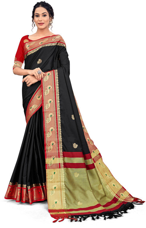 Black & Red Soft Cotton Silk Crimson Noir Fusion Saree For Women