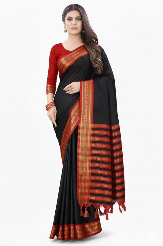 Black Red Soft Cotton Silk Velvet Scarlet Touch Saree For Women
