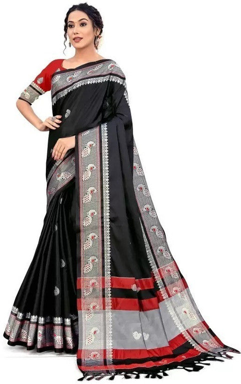 Black Soft Cotton Silk Midnight Noir Grace Saree For Women