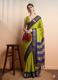 Lime Green Blue Soft Cotton Silk Citrus Ocean Aura Saree For Women