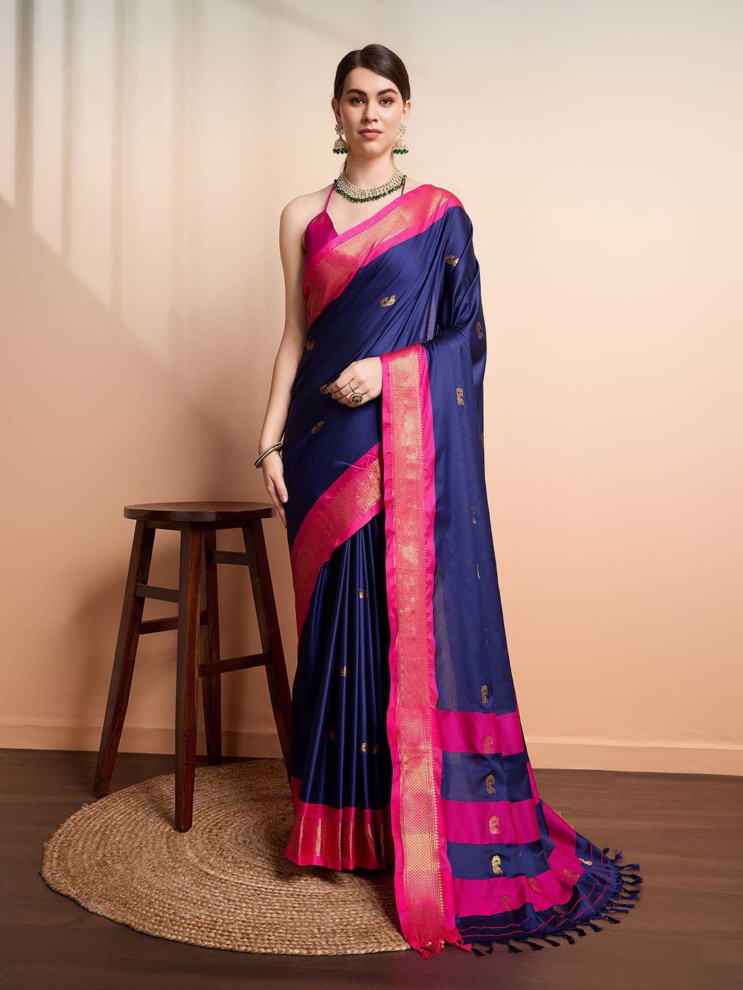 Navy Blue Pink Soft Cotton Silk Ocean Blush Essence Saree For Women