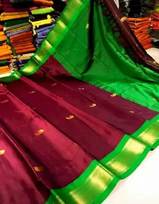 Brown Green Soft Cotton Silk Olive Meadow Essence Saree For Women