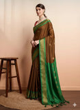 Brown Green Soft Cotton Silk Olive Meadow Essence Saree For Women