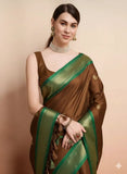 Brown Green Soft Cotton Silk Olive Meadow Essence Saree For Women