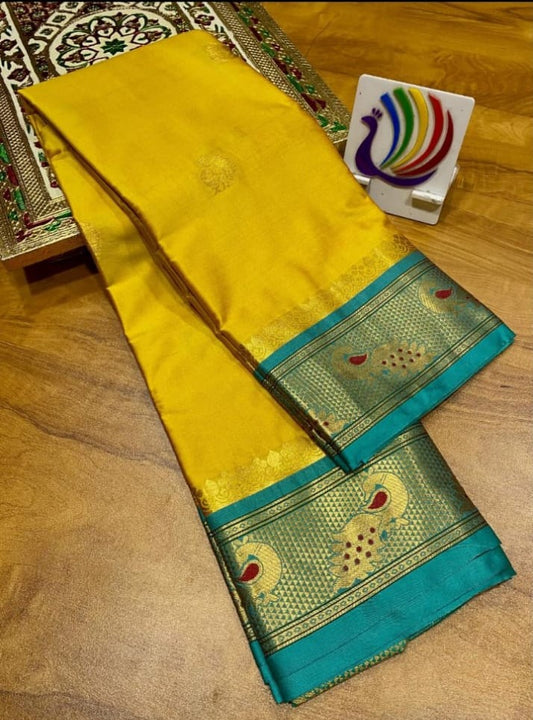 Golden Cyan Soft Cotton Silk Bloom Saree For Women