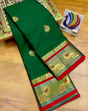 Green & Red Soft Cotton Silk Verdant Ruby Bloom Saree For Women