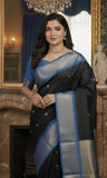 Black And Blue Soft Cotton Silk Mid Night Harmony Saree For Women