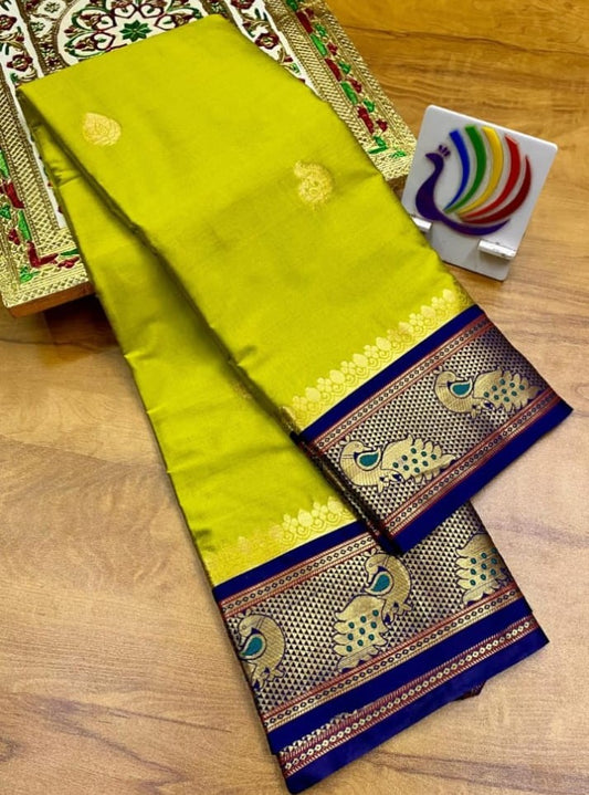 Lemon Green & Navy Blue Soft Cotton Silk Ocean Spark Saree For Women