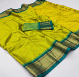 Bright Yellow & Green Soft Cotton Silk Sunlit Meadow Glow Saree For Women