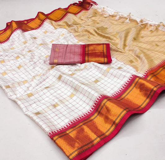 White & Red Soft Cotton Silk Ivory Ruby Radiance Saree For Women