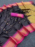 Black And Pink Soft Cotton Silk Blush Noir Elegance Saree For Women