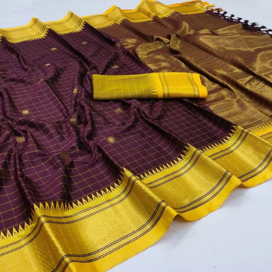 Maroon & Yellow Soft Cotton Silk Regal Charm Saree For Women