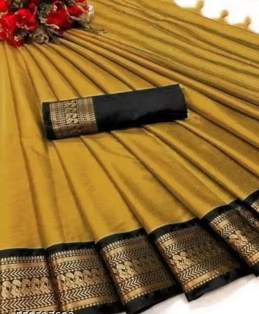 Gold Black Soft Cotton Silk Gilded Onyx Essence Saree For Women
