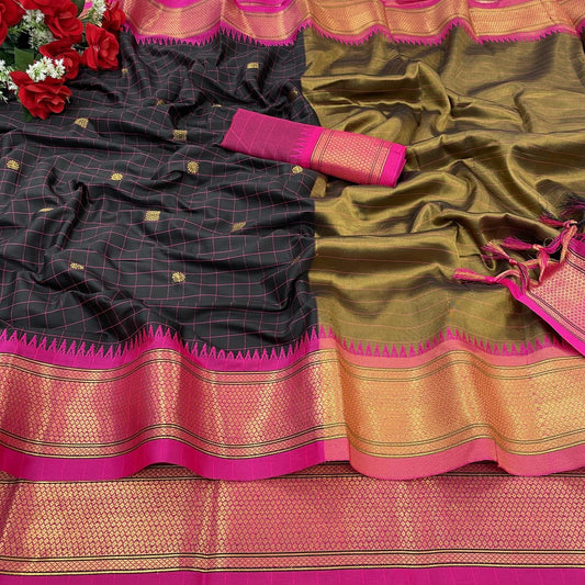 Black And Pink Soft Cotton Silk Blush Noir Elegance Saree For Women