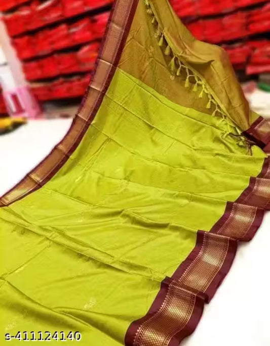 Lime Green Brown Soft Cotton Silk Earth Harmony Saree For Women