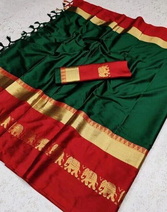 Green & Red  Soft Cotton Silk Auspicious Harmony Saree For Women
