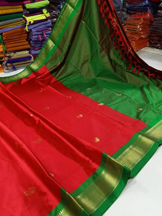 Red Green Soft Cotton Silk Crimson Meadow Glow Saree For Women