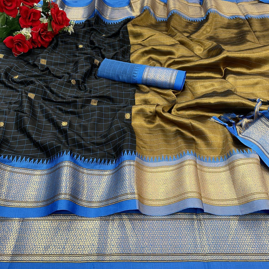 Black And Blue Soft Cotton Silk Mid Night Harmony Saree For Women