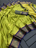 Lemon Green & Navy Blue Soft Cotton Silk Ocean Spark Saree For Women