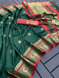 Green & Red Soft Cotton Silk Verdant Ruby Bloom Saree For Women