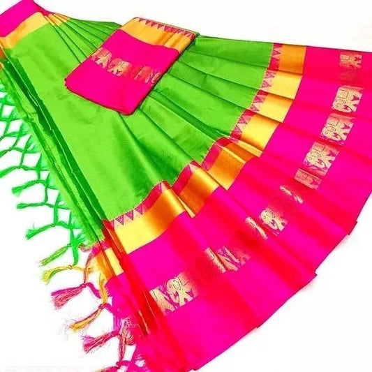 Neon Green and Hot Pink Soft Cotton Silk Electric Fusion Saree For Women