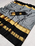Grey & Black  Soft Cotton Silk Emerald Bloom Saree For Women