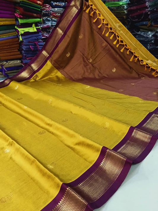 Yellow & Brown Soft Cotton Silk Amber Earth Allure Saree For Women