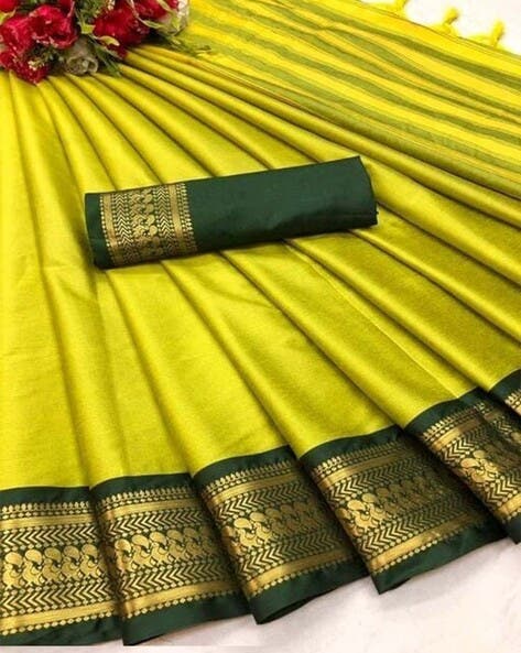 Green Soft Cotton Silk Emerald Serenity Glow Saree For Women