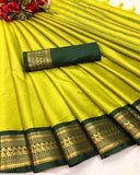 Green Soft Cotton Silk Emerald Serenity Glow Saree For Women