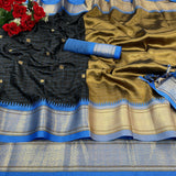 Black And Blue Soft Cotton Silk Mid Night Harmony Saree For Women