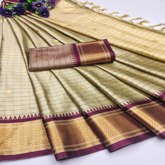 Beige & Maroon Soft Cotton Silk Royal Mirage Saree For Women