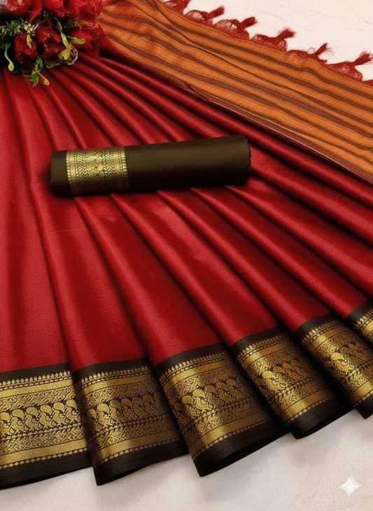 Red & Brown Soft Cotton Silk Ruby Garden Charm Saree For Women