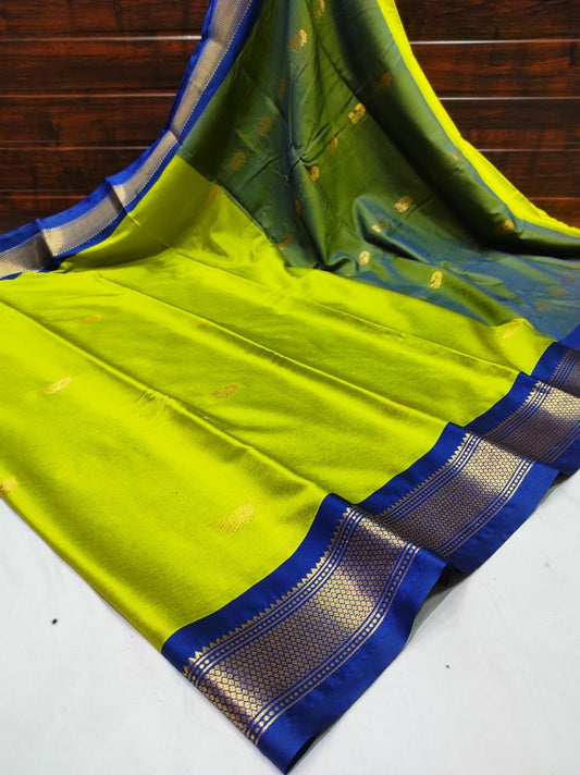 Lime Green Blue Soft Cotton Silk Citrus Ocean Aura Saree For Women