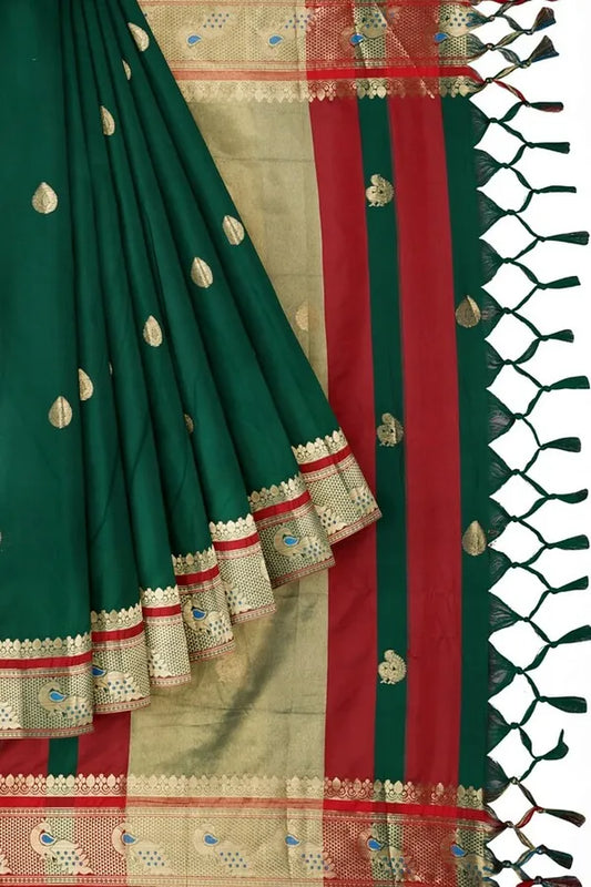 Green & Red Soft Cotton Silk Verdant Ruby Bloom Saree For Women