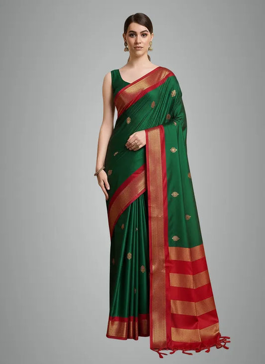 Green Red Soft Cotton Silk Verdant Ruby Whisper Saree For Women