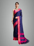 Navy Blue Pink Soft Cotton Silk Ocean Blush Essence Saree For Women