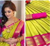 Parrot Green & Pink Soft Cotton Silk Tropical Blush Bliss Saree For Women