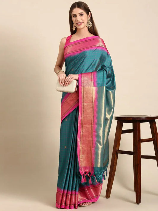 Teal Blue & Pink Soft Cotton Silk Blush Mirage Saree For Women