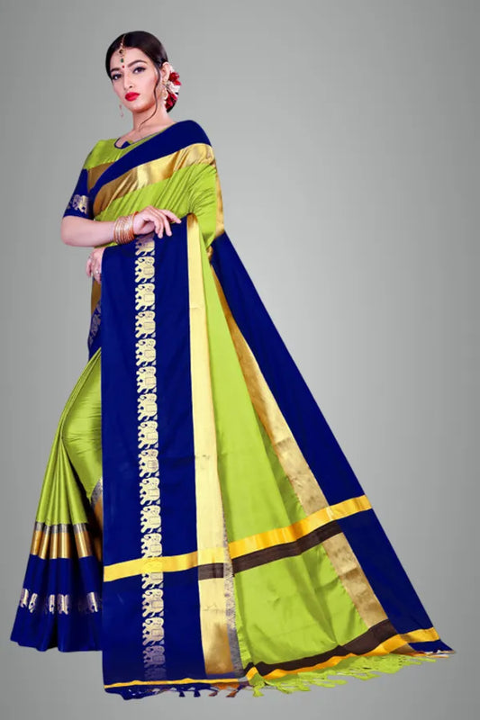 Lemon Green & Blue Soft Cotton Silk Citrus Ocean Harmony Saree For Women