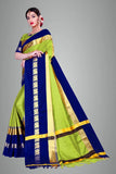 Lemon Green & Blue Soft Cotton Silk Citrus Ocean Harmony Saree For Women