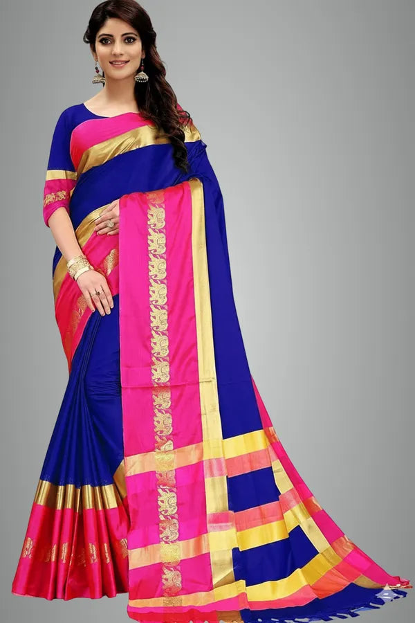 Navy Blue & Pink Soft Cotton Silk Marine Blush Bloom Saree For Women