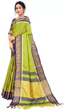 Lemon Green & Navy Blue Soft Cotton Silk Ocean Spark Saree For Women