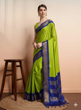 Lime Green Blue Soft Cotton Silk Citrus Ocean Aura Saree For Women