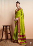Lime Green Brown Soft Cotton Silk Earth Harmony Saree For Women